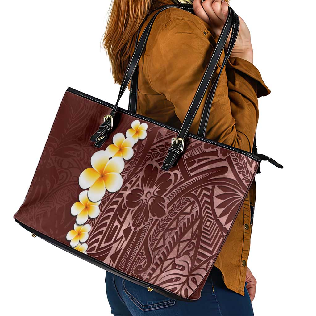 Oxblood Tropical Plumeria With Galaxy Polynesian Art Leather Tote Bag LT14 - Polynesian Pride