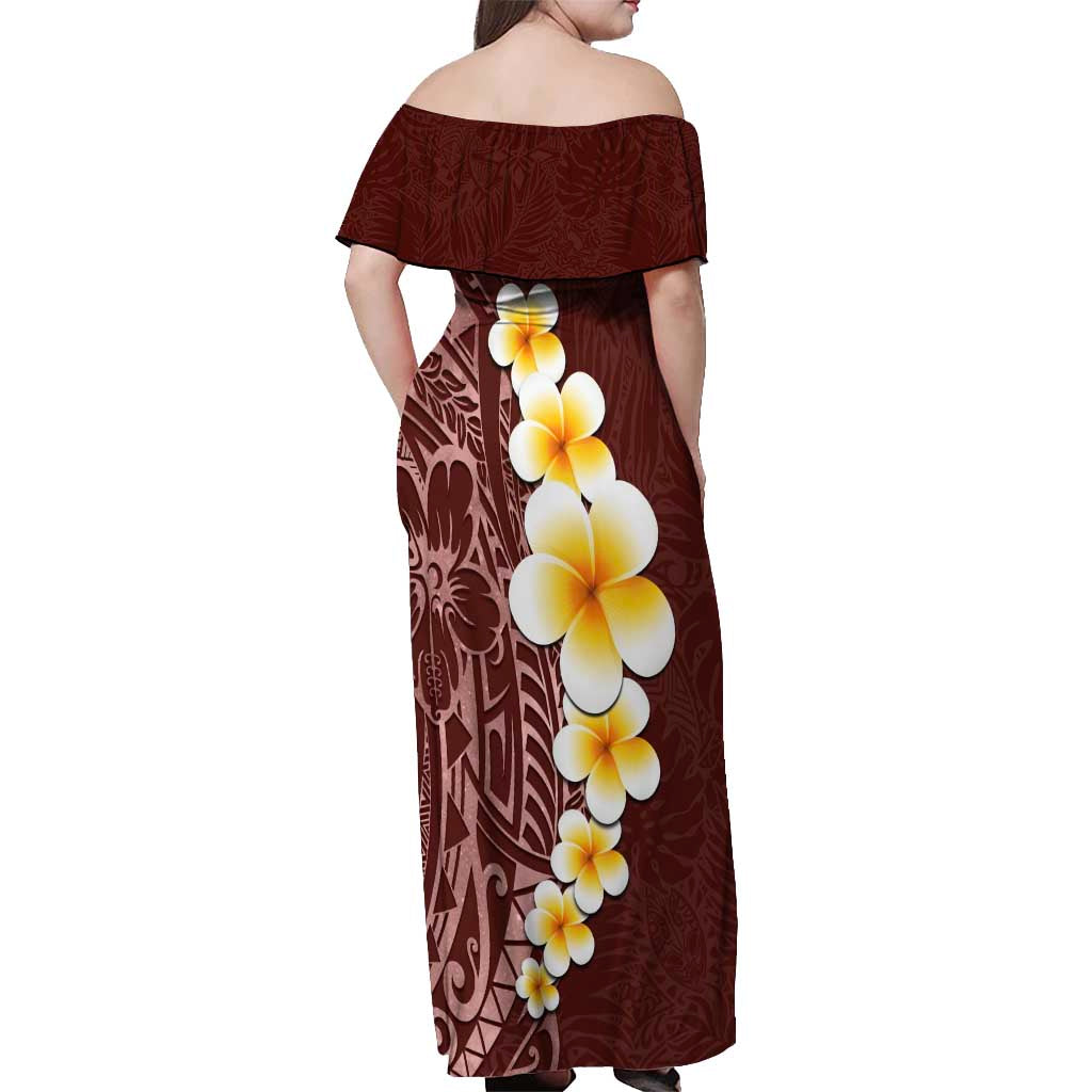 Oxblood Tropical Plumeria With Galaxy Polynesian Art Off Shoulder Maxi Dress