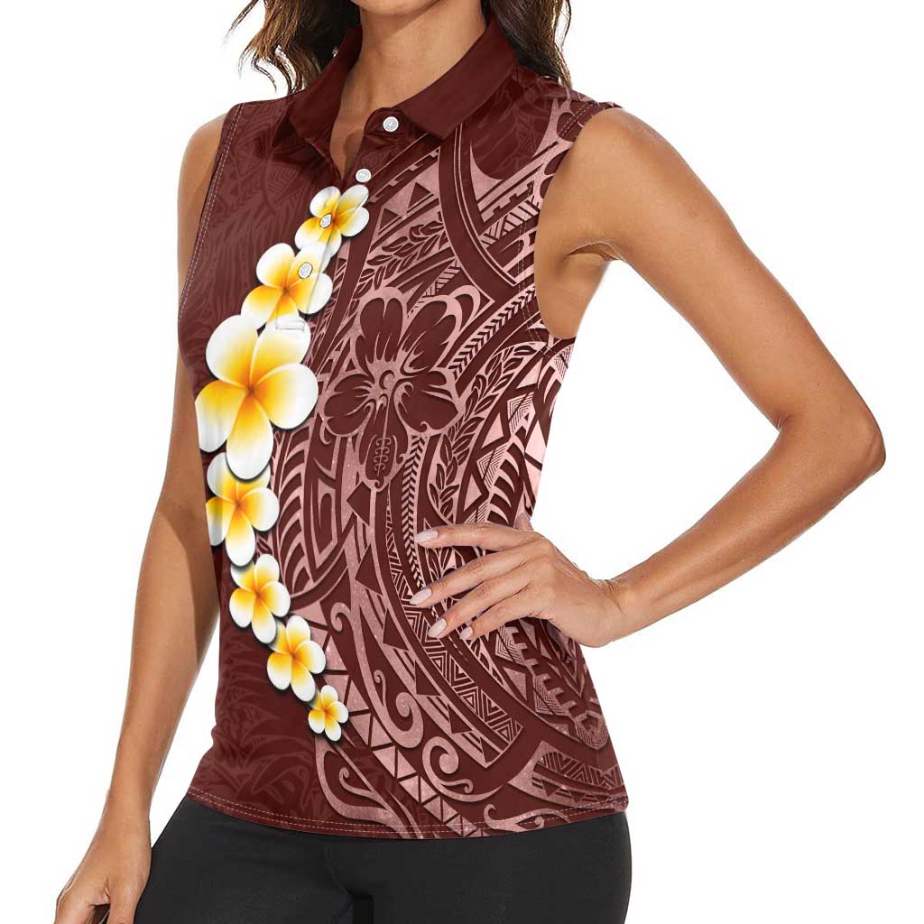 Oxblood Tropical Plumeria With Galaxy Polynesian Art Women Sleeveless Polo Shirt LT14 - Polynesian Pride