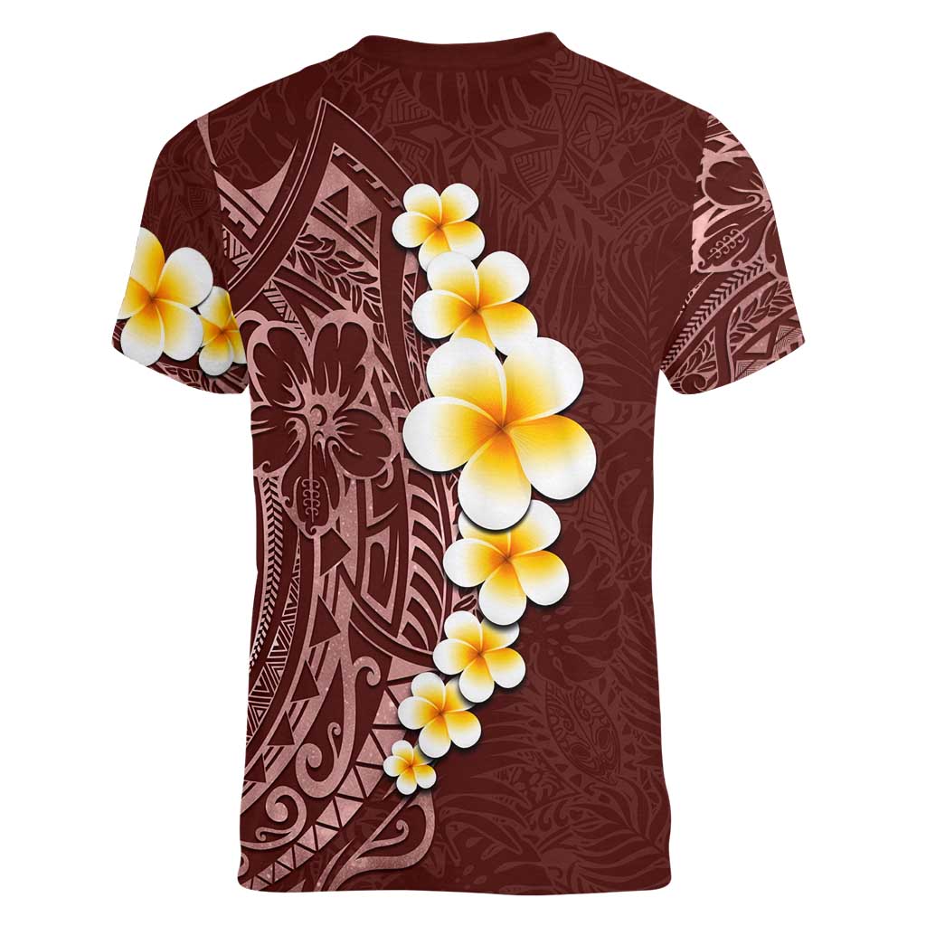 Oxblood Tropical Plumeria With Galaxy Polynesian Art Women V-Neck T-Shirt LT14 - Polynesian Pride