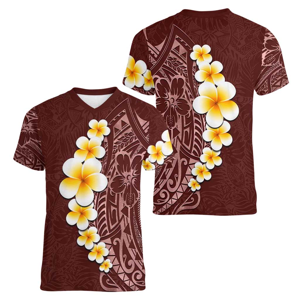 Oxblood Tropical Plumeria With Galaxy Polynesian Art Women V-Neck T-Shirt LT14 - Polynesian Pride