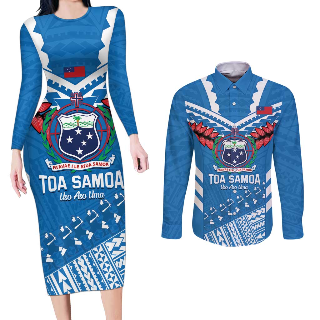 Custom Toa Samoa Rugby Couples Matching Long Sleeve Bodycon Dress and Long Sleeve Button Shirt Samoan Siva Tau Uso Aso Uma LT14 Blue - Polynesian Pride