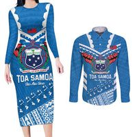 Custom Toa Samoa Rugby Couples Matching Long Sleeve Bodycon Dress and Long Sleeve Button Shirt Samoan Siva Tau Uso Aso Uma LT14 Blue - Polynesian Pride