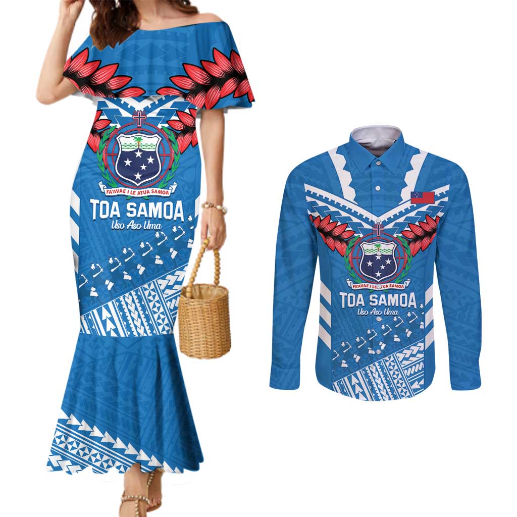 Custom Toa Samoa Rugby Couples Matching Mermaid Dress and Long Sleeve Button Shirt Samoan Siva Tau Uso Aso Uma LT14 Blue - Polynesian Pride