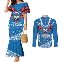 Custom Toa Samoa Rugby Couples Matching Mermaid Dress and Long Sleeve Button Shirt Samoan Siva Tau Uso Aso Uma LT14 Blue - Polynesian Pride