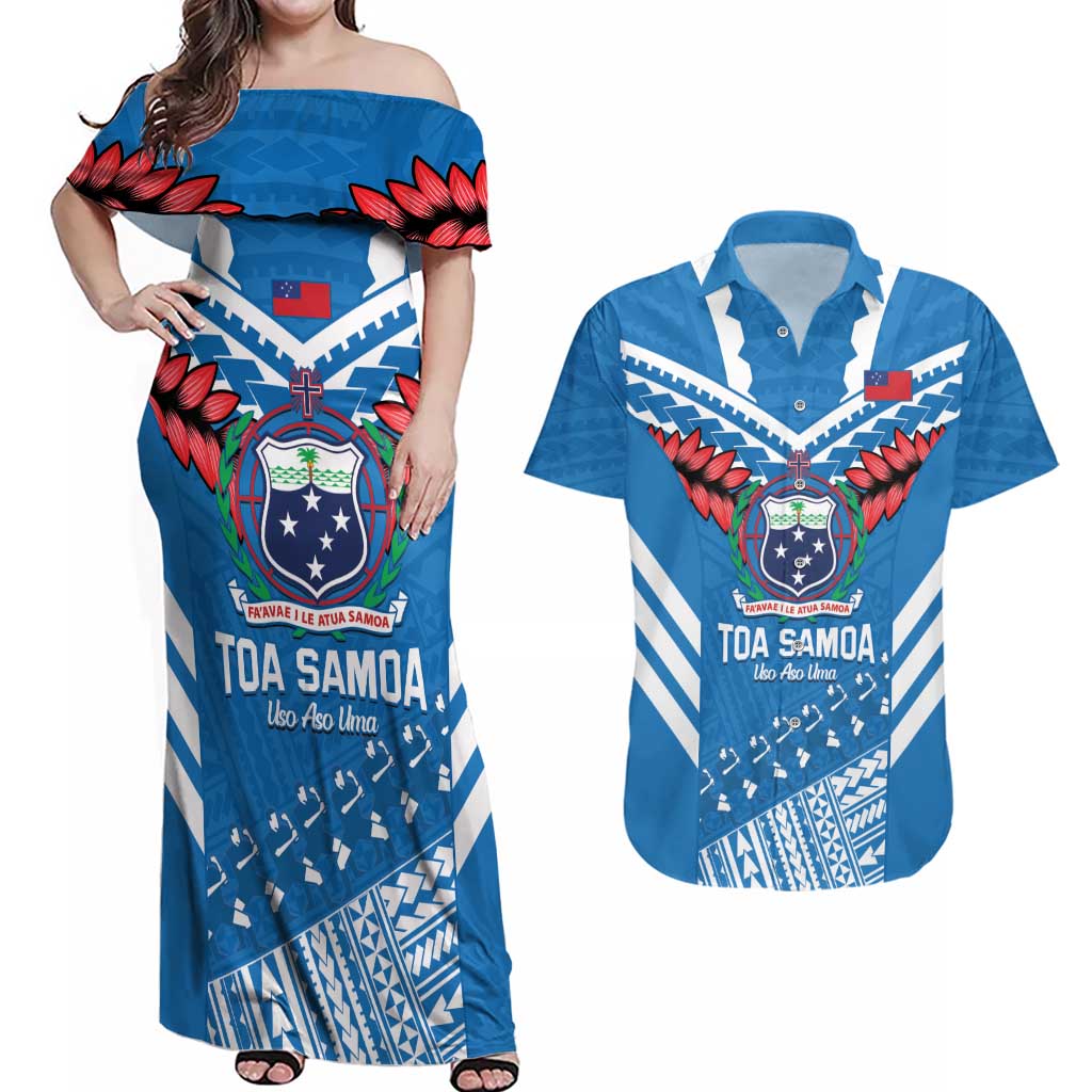 Custom Toa Samoa Rugby Couples Matching Off Shoulder Maxi Dress and Hawaiian Shirt Samoan Siva Tau Uso Aso Uma LT14 Blue - Polynesian Pride