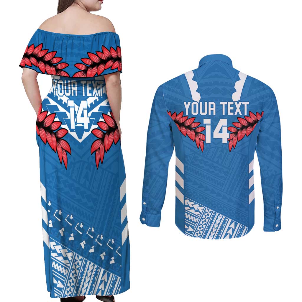 Custom Toa Samoa Rugby Couples Matching Off Shoulder Maxi Dress and Long Sleeve Button Shirt Samoan Siva Tau Uso Aso Uma LT14 - Polynesian Pride