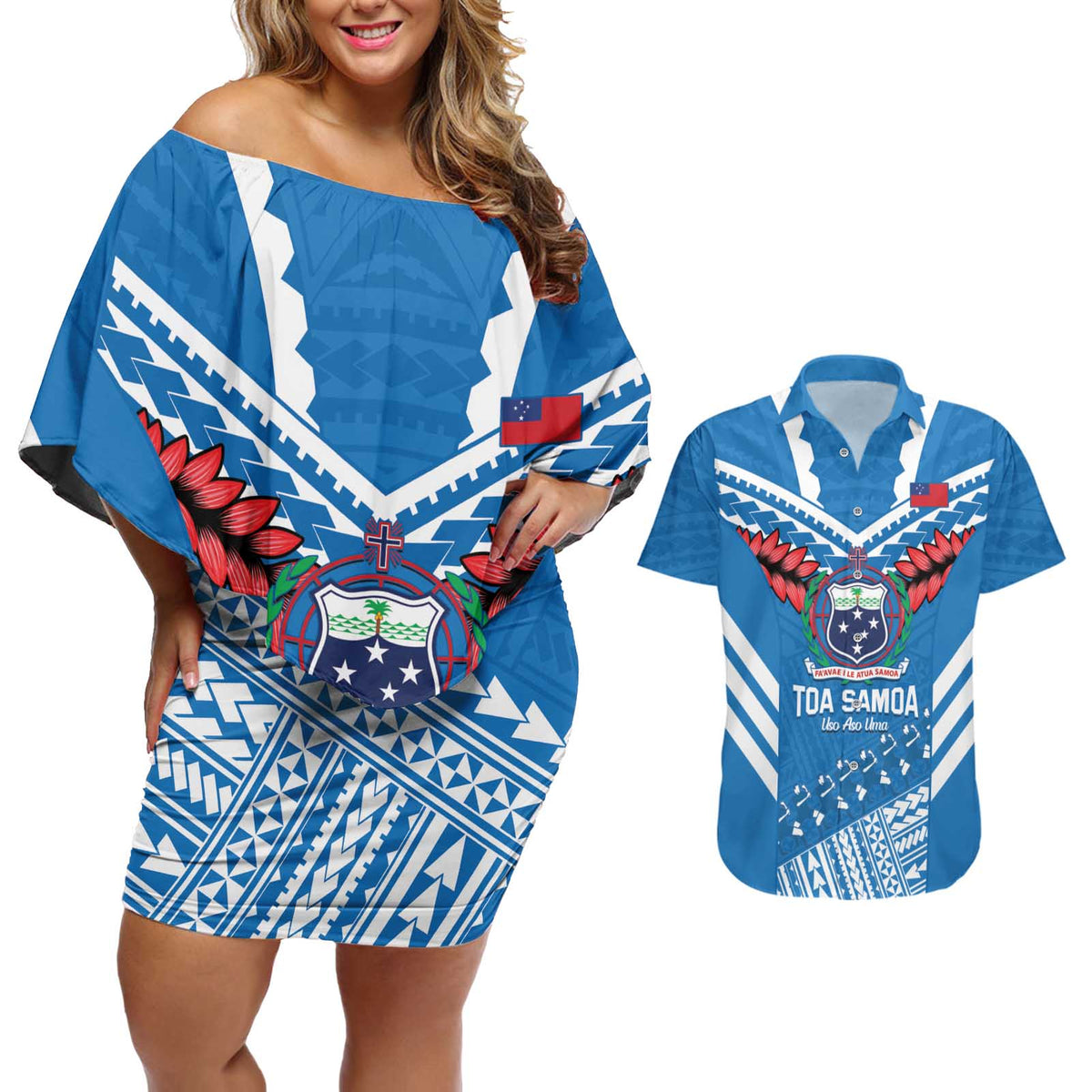 Custom Toa Samoa Rugby Couples Matching Off Shoulder Short Dress and Hawaiian Shirt Samoan Siva Tau Uso Aso Uma LT14 Blue - Polynesian Pride