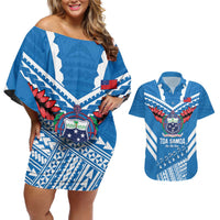 Custom Toa Samoa Rugby Couples Matching Off Shoulder Short Dress and Hawaiian Shirt Samoan Siva Tau Uso Aso Uma LT14 Blue - Polynesian Pride