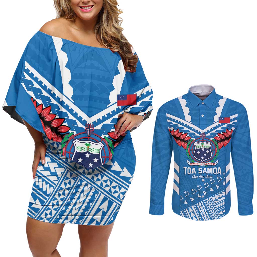 Custom Toa Samoa Rugby Couples Matching Off Shoulder Short Dress and Long Sleeve Button Shirt Samoan Siva Tau Uso Aso Uma LT14 Blue - Polynesian Pride