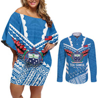 Custom Toa Samoa Rugby Couples Matching Off Shoulder Short Dress and Long Sleeve Button Shirt Samoan Siva Tau Uso Aso Uma LT14 Blue - Polynesian Pride
