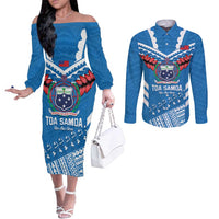 Custom Toa Samoa Rugby Couples Matching Off The Shoulder Long Sleeve Dress and Long Sleeve Button Shirt Samoan Siva Tau Uso Aso Uma LT14 Blue - Polynesian Pride