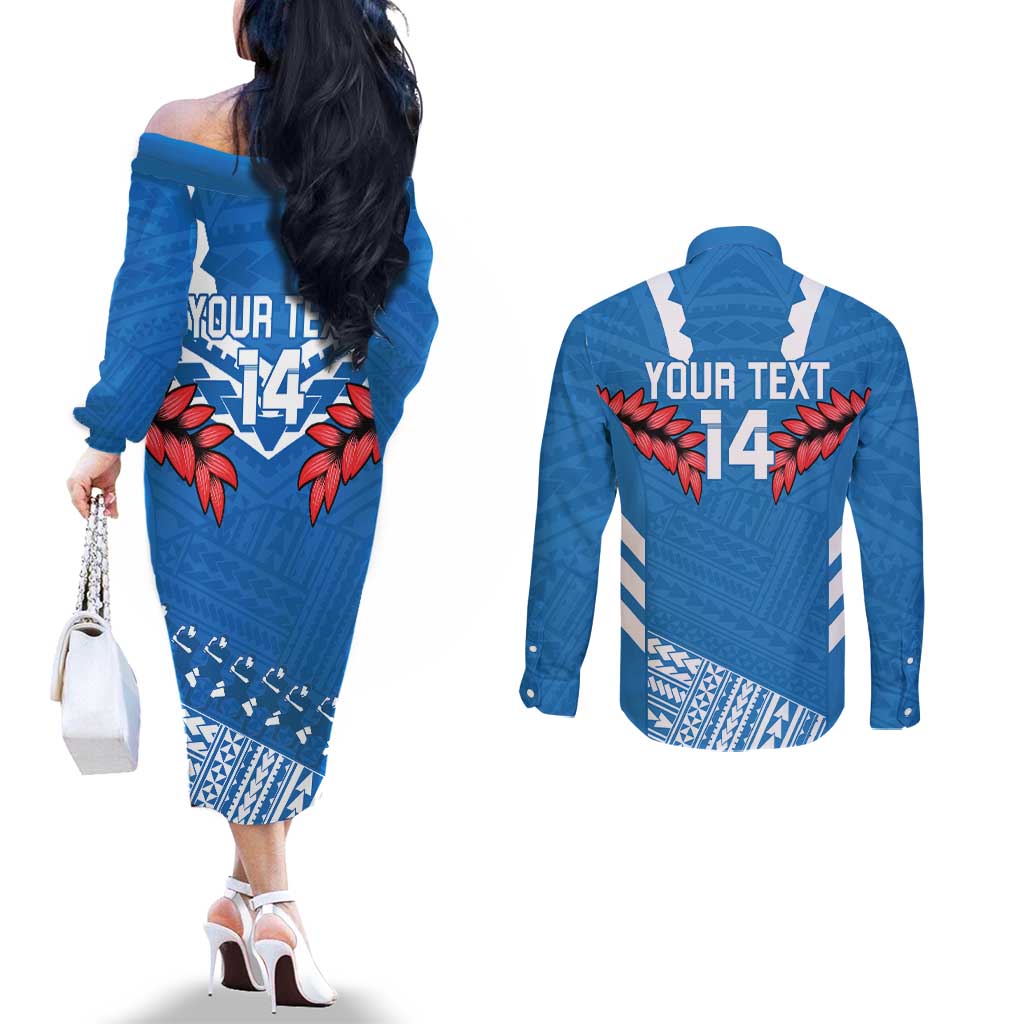 Custom Toa Samoa Rugby Couples Matching Off The Shoulder Long Sleeve Dress and Long Sleeve Button Shirt Samoan Siva Tau Uso Aso Uma LT14 - Polynesian Pride