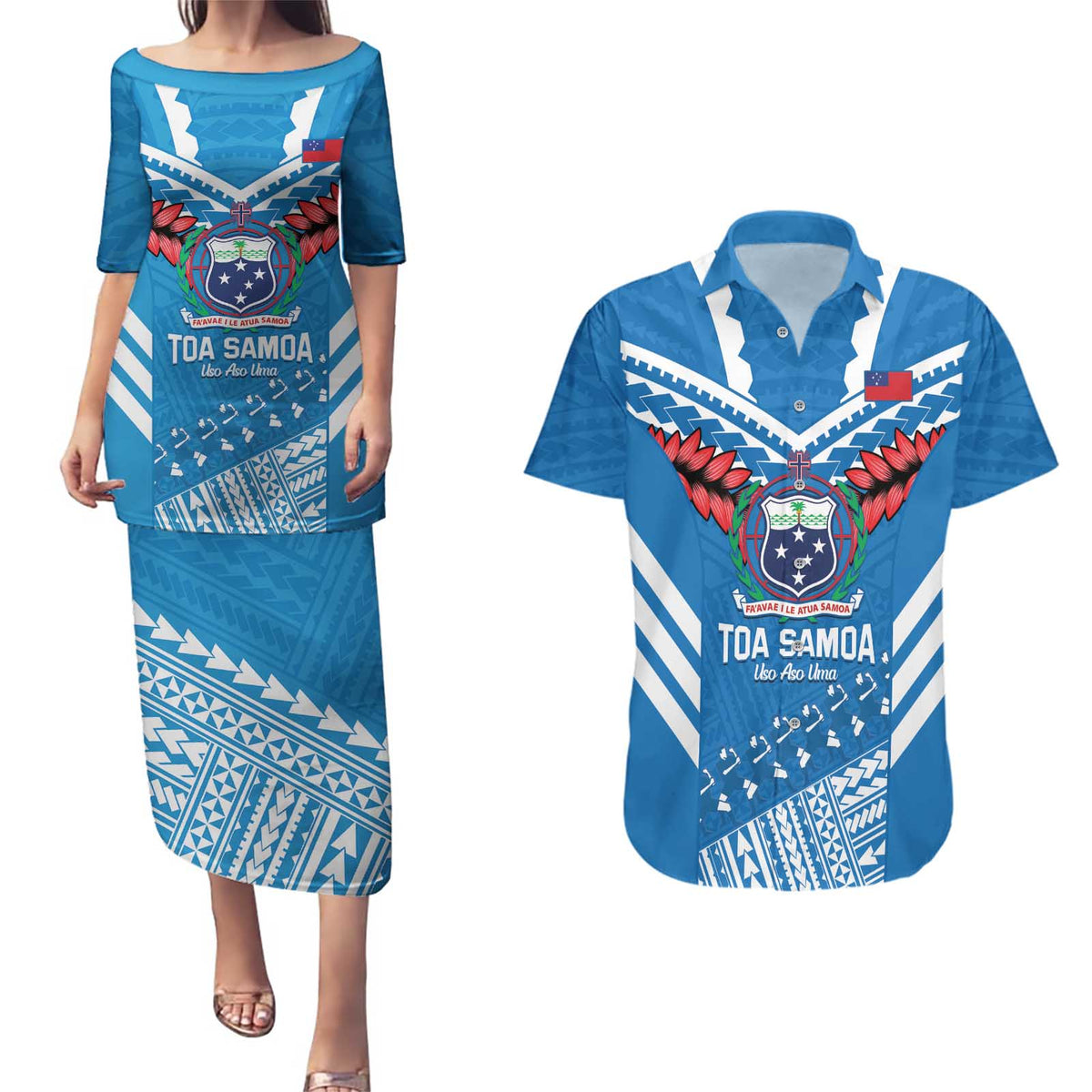 Custom Toa Samoa Rugby Couples Matching Puletasi and Hawaiian Shirt Samoan Siva Tau Uso Aso Uma LT14 Blue - Polynesian Pride