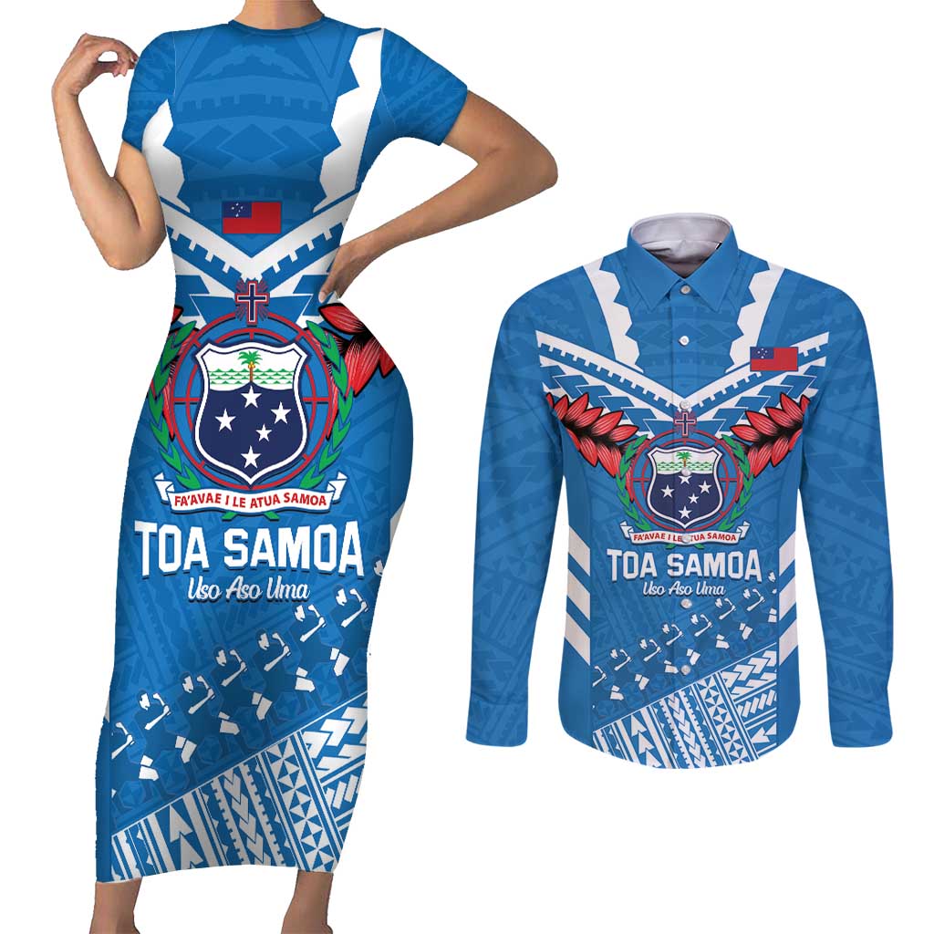 Custom Toa Samoa Rugby Couples Matching Short Sleeve Bodycon Dress and Long Sleeve Button Shirt Samoan Siva Tau Uso Aso Uma LT14 Blue - Polynesian Pride