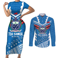 Custom Toa Samoa Rugby Couples Matching Short Sleeve Bodycon Dress and Long Sleeve Button Shirt Samoan Siva Tau Uso Aso Uma LT14 Blue - Polynesian Pride