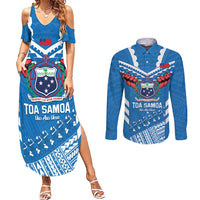 Custom Toa Samoa Rugby Couples Matching Summer Maxi Dress and Long Sleeve Button Shirt Samoan Siva Tau Uso Aso Uma LT14 Blue - Polynesian Pride