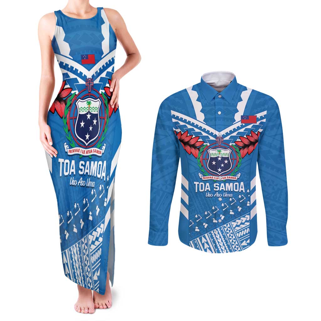 Custom Toa Samoa Rugby Couples Matching Tank Maxi Dress and Long Sleeve Button Shirt Samoan Siva Tau Uso Aso Uma LT14 Blue - Polynesian Pride