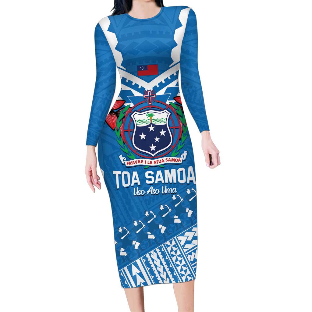Custom Toa Samoa Rugby Family Matching Long Sleeve Bodycon Dress and Hawaiian Shirt Samoan Siva Tau Uso Aso Uma LT14 Mom's Dress Blue - Polynesian Pride