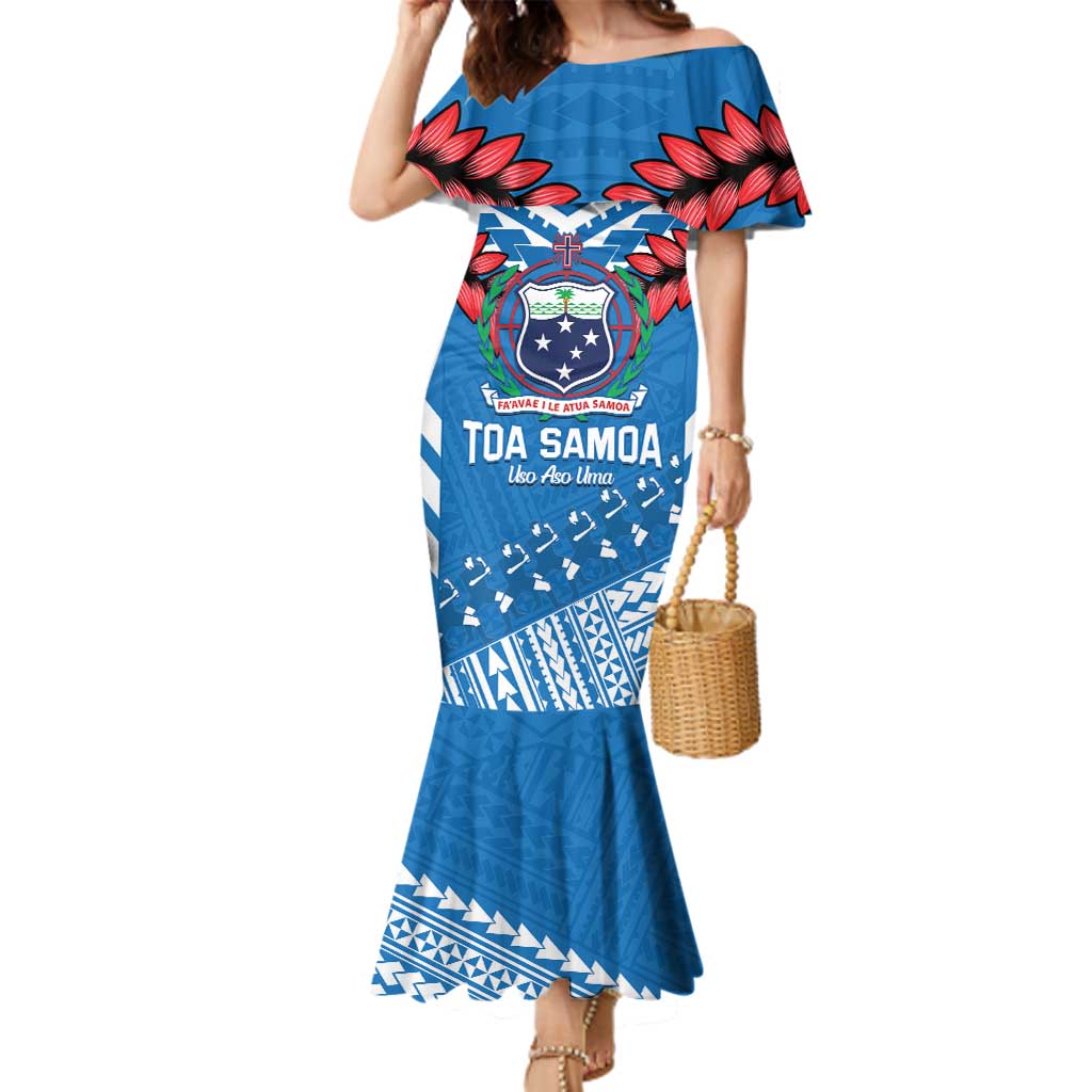 Custom Toa Samoa Rugby Family Matching Mermaid Dress and Hawaiian Shirt Samoan Siva Tau Uso Aso Uma LT14 Mom's Dress Blue - Polynesian Pride