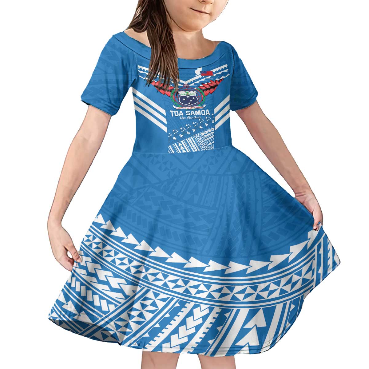 Custom Toa Samoa Rugby Family Matching Off The Shoulder Long Sleeve Dress and Hawaiian Shirt Samoan Siva Tau Uso Aso Uma LT14 Daughter's Dress Blue - Polynesian Pride