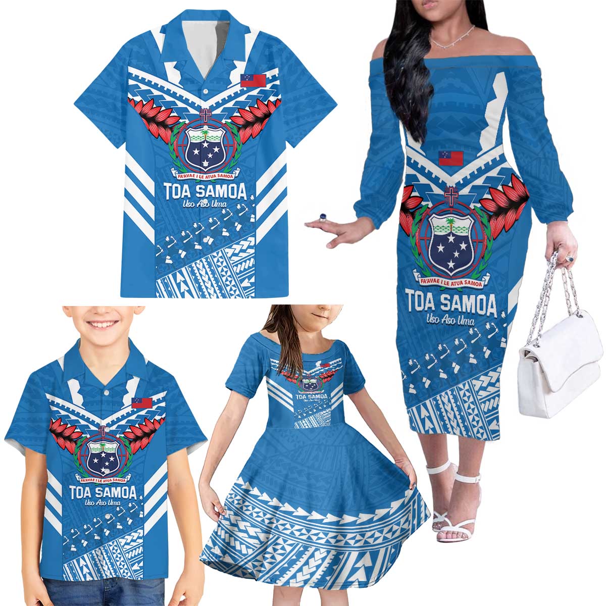 Custom Toa Samoa Rugby Family Matching Off The Shoulder Long Sleeve Dress and Hawaiian Shirt Samoan Siva Tau Uso Aso Uma LT14 - Polynesian Pride