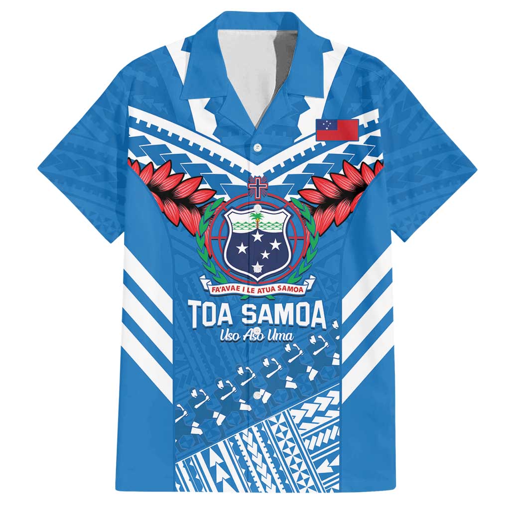 Custom Toa Samoa Rugby Family Matching Off Shoulder Maxi Dress and Hawaiian Shirt Samoan Siva Tau Uso Aso Uma LT14 Dad's Shirt - Short Sleeve Blue - Polynesian Pride