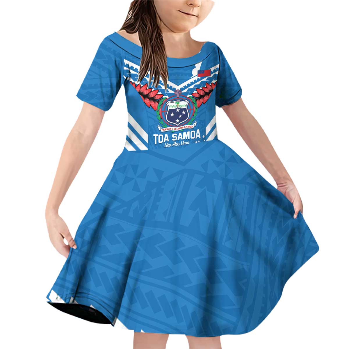 Custom Toa Samoa Rugby Family Matching Off Shoulder Short Dress and Hawaiian Shirt Samoan Siva Tau Uso Aso Uma LT14 Daughter's Dress Blue - Polynesian Pride