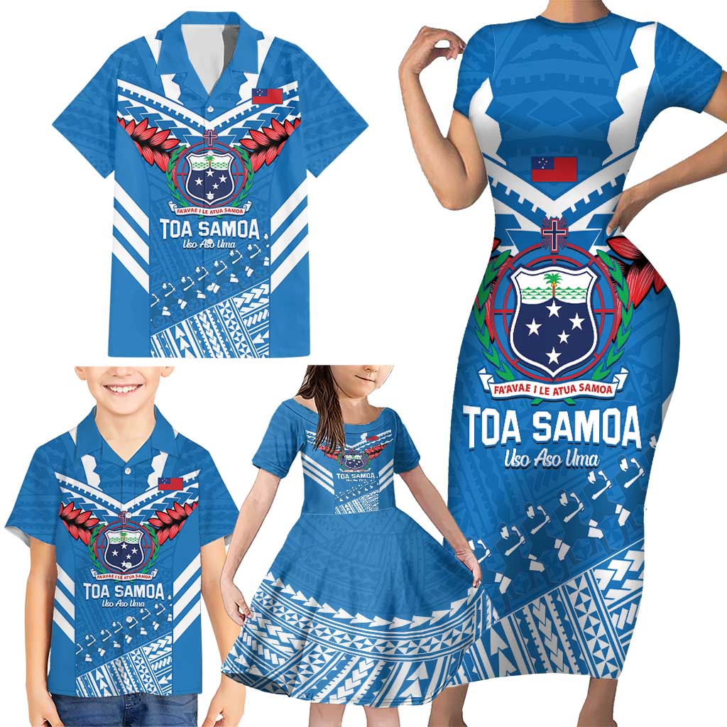 Custom Toa Samoa Rugby Family Matching Short Sleeve Bodycon Dress and Hawaiian Shirt Samoan Siva Tau Uso Aso Uma LT14 - Polynesian Pride