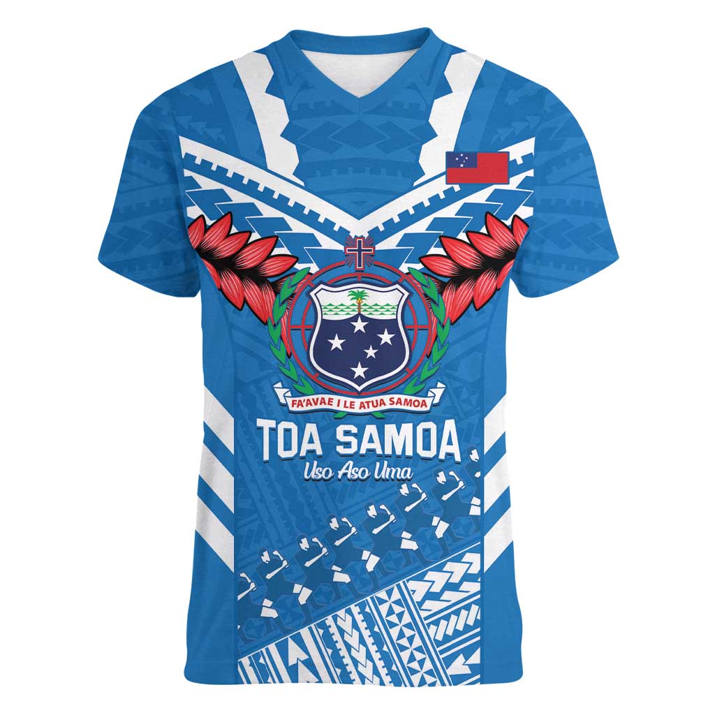 Custom Toa Samoa Rugby Women V-Neck T-Shirt Samoan Siva Tau Uso Aso Uma LT14 Female Blue - Polynesian Pride