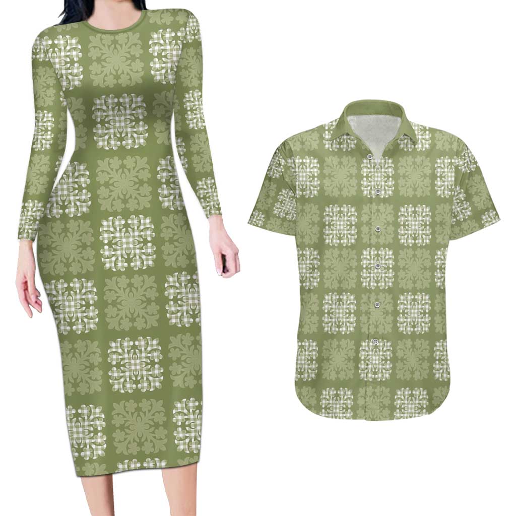 Vesuvian Green Palaka Quilt Hawaii Couples Matching Long Sleeve Bodycon Dress and Hawaiian Shirt Traditional Hawaii-plaid Pattern LT14 Vesuvian Green - Polynesian Pride