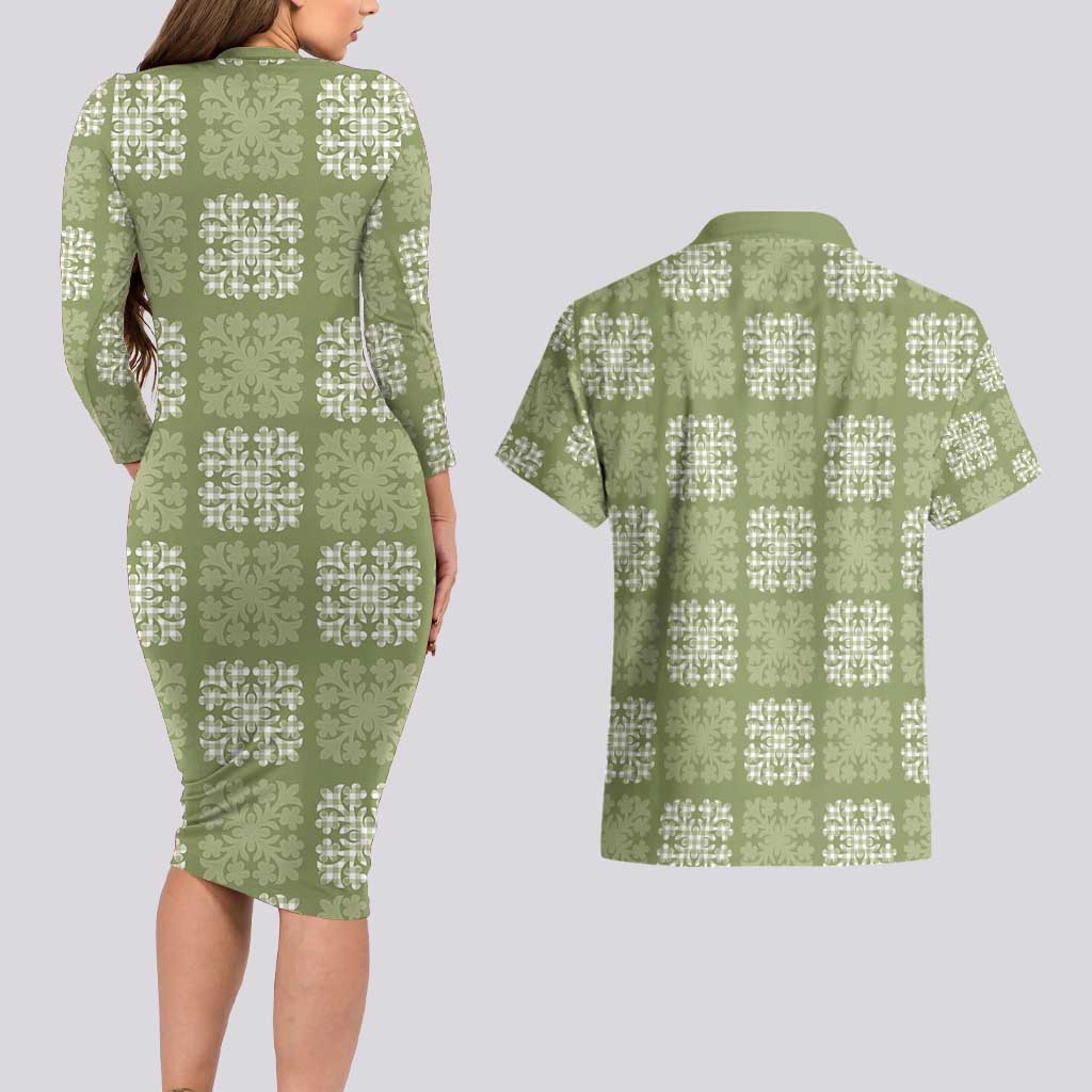 Vesuvian Green Palaka Quilt Hawaii Couples Matching Long Sleeve Bodycon Dress and Hawaiian Shirt Traditional Hawaii-plaid Pattern LT14 - Polynesian Pride