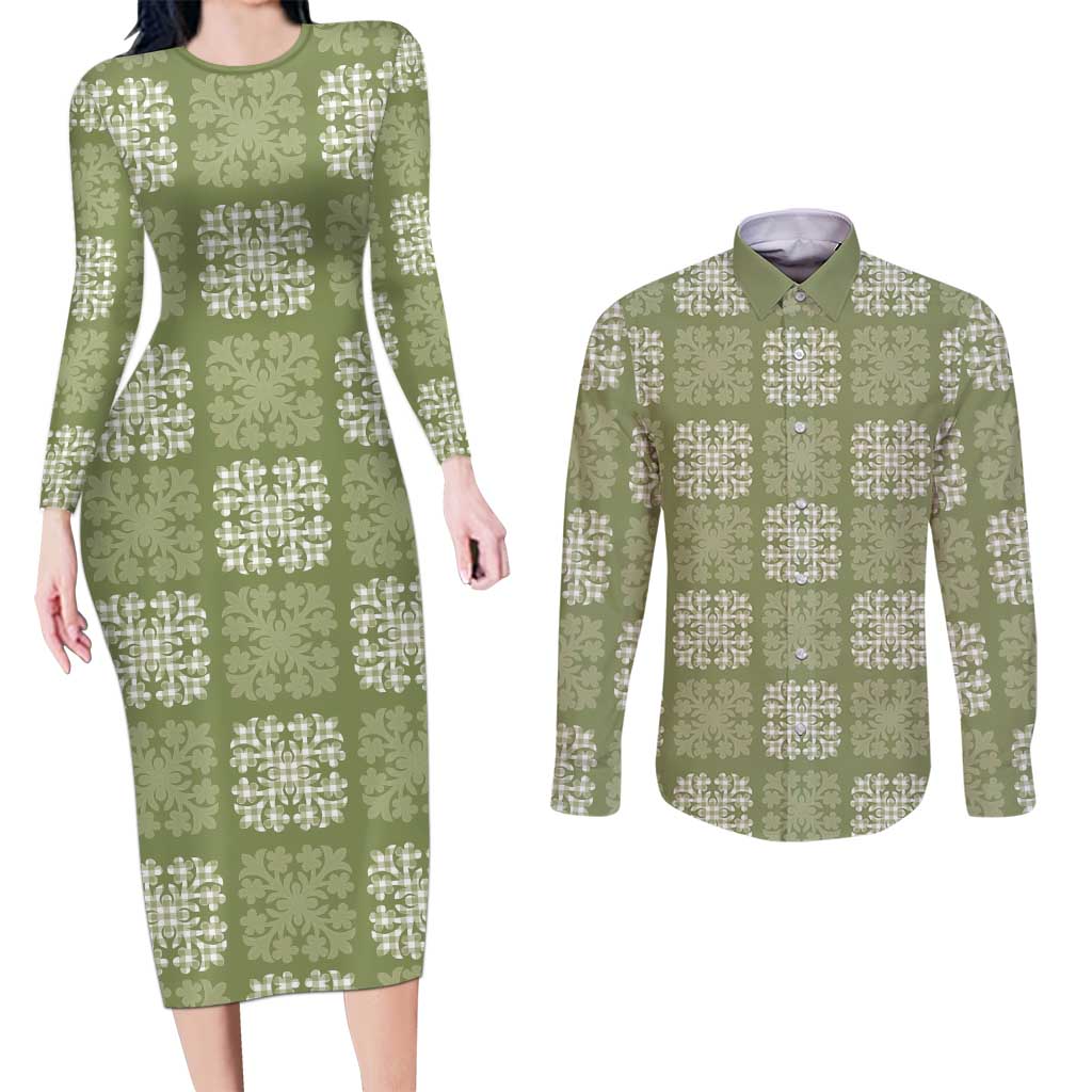 Vesuvian Green Palaka Quilt Hawaii Couples Matching Long Sleeve Bodycon Dress and Long Sleeve Button Shirt Traditional Hawaii-plaid Pattern LT14 Vesuvian Green - Polynesian Pride
