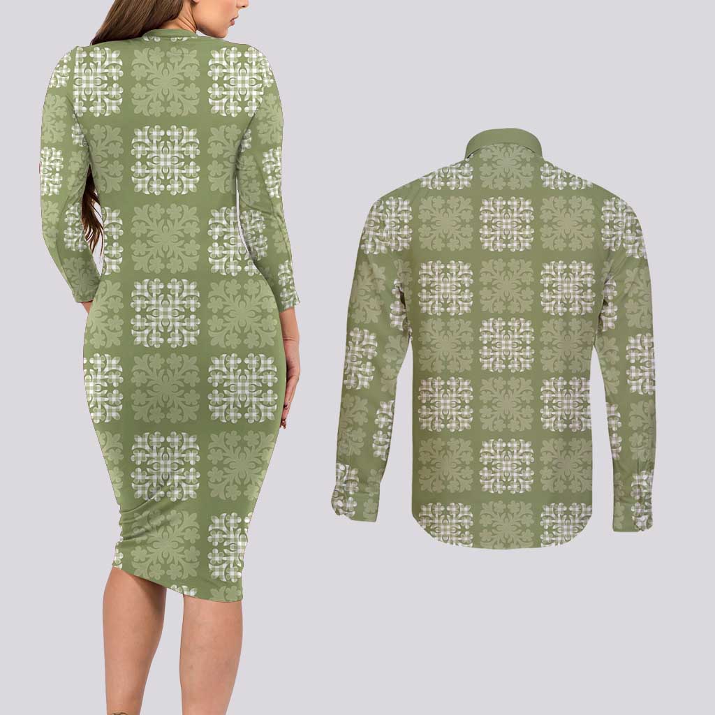 Vesuvian Green Palaka Quilt Hawaii Couples Matching Long Sleeve Bodycon Dress and Long Sleeve Button Shirt Traditional Hawaii-plaid Pattern LT14 - Polynesian Pride