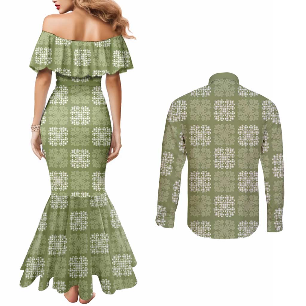 Vesuvian Green Palaka Quilt Hawaii Couples Matching Mermaid Dress and Long Sleeve Button Shirt Traditional Hawaii-plaid Pattern LT14 - Polynesian Pride