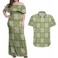 Vesuvian Green Palaka Quilt Hawaii Couples Matching Off Shoulder Maxi Dress and Hawaiian Shirt Traditional Hawaii-plaid Pattern LT14 Vesuvian Green - Polynesian Pride