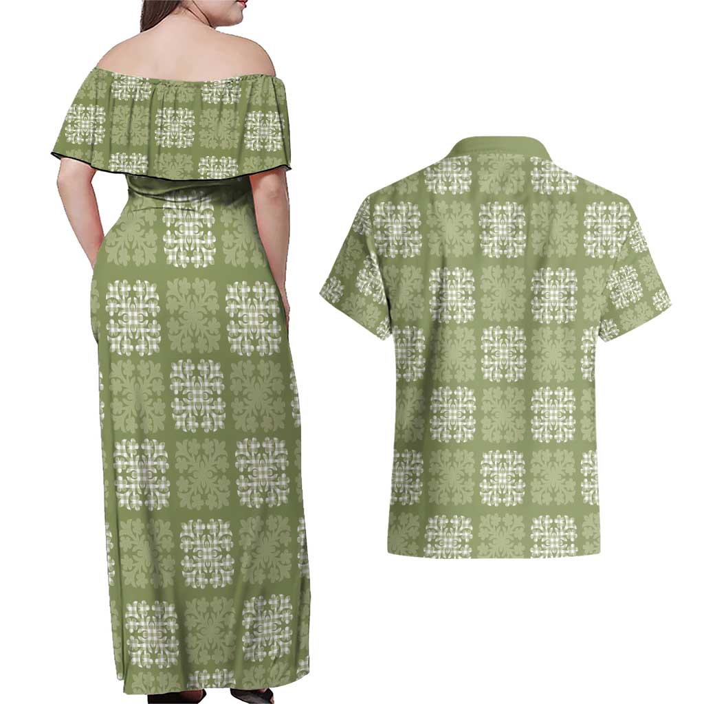 Vesuvian Green Palaka Quilt Hawaii Couples Matching Off Shoulder Maxi Dress and Hawaiian Shirt Traditional Hawaii-plaid Pattern LT14 - Polynesian Pride