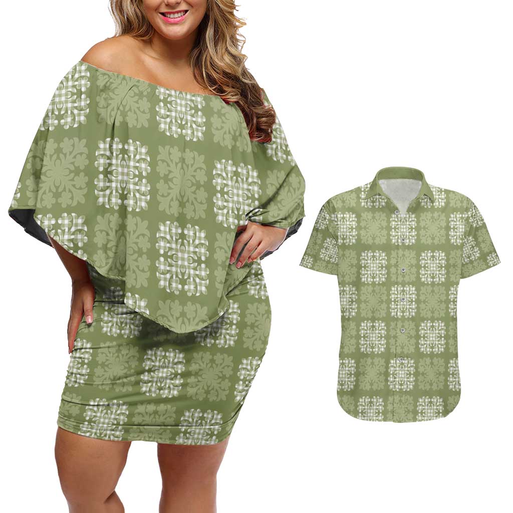Vesuvian Green Palaka Quilt Hawaii Couples Matching Off Shoulder Short Dress and Hawaiian Shirt Traditional Hawaii-plaid Pattern LT14 Vesuvian Green - Polynesian Pride