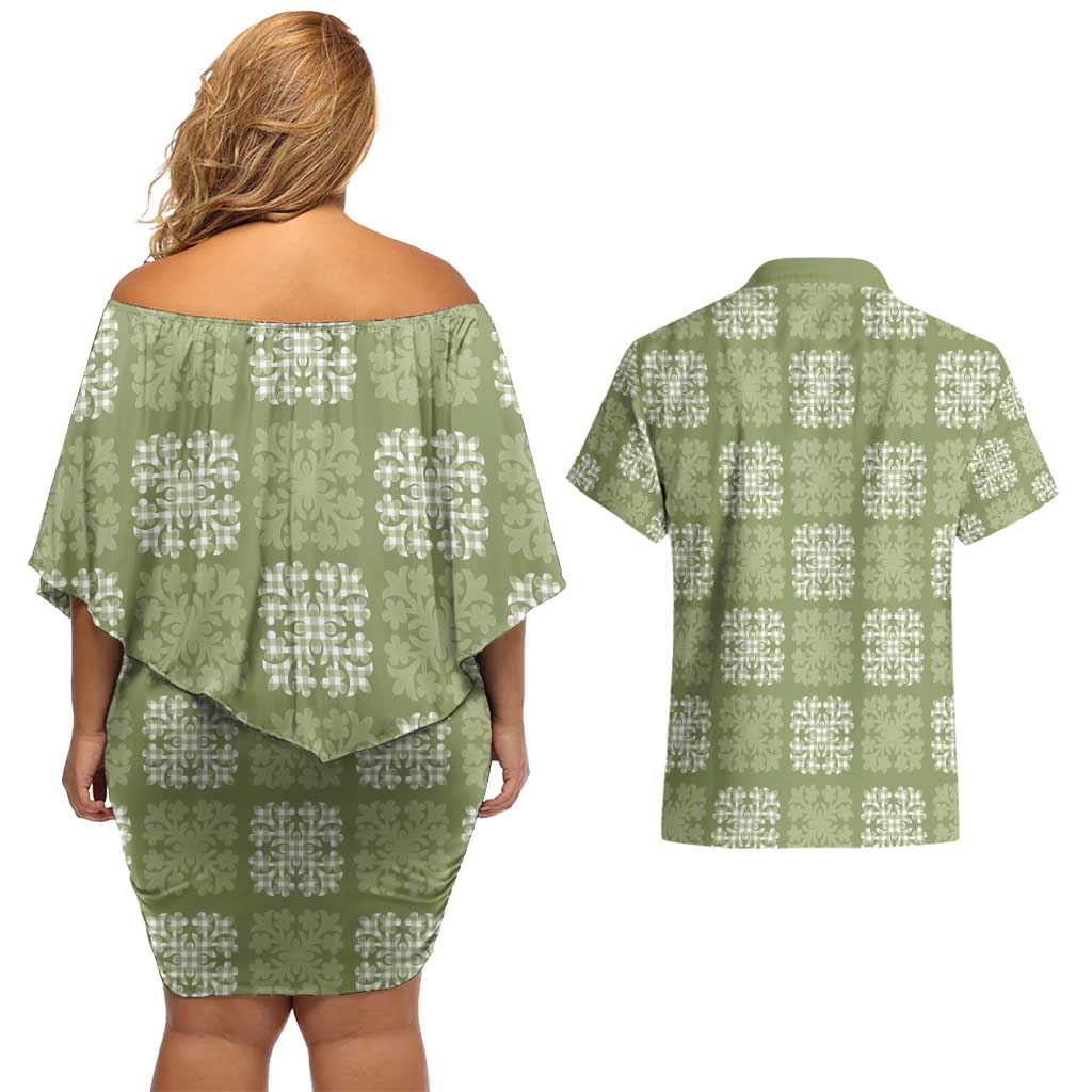 Vesuvian Green Palaka Quilt Hawaii Couples Matching Off Shoulder Short Dress and Hawaiian Shirt Traditional Hawaii-plaid Pattern LT14 - Polynesian Pride