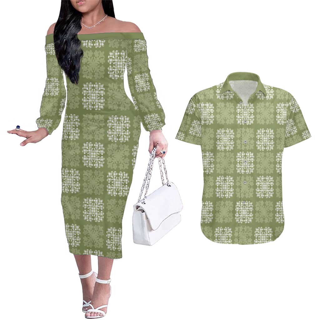 Vesuvian Green Palaka Quilt Hawaii Couples Matching Off The Shoulder Long Sleeve Dress and Hawaiian Shirt Traditional Hawaii-plaid Pattern LT14 Vesuvian Green - Polynesian Pride