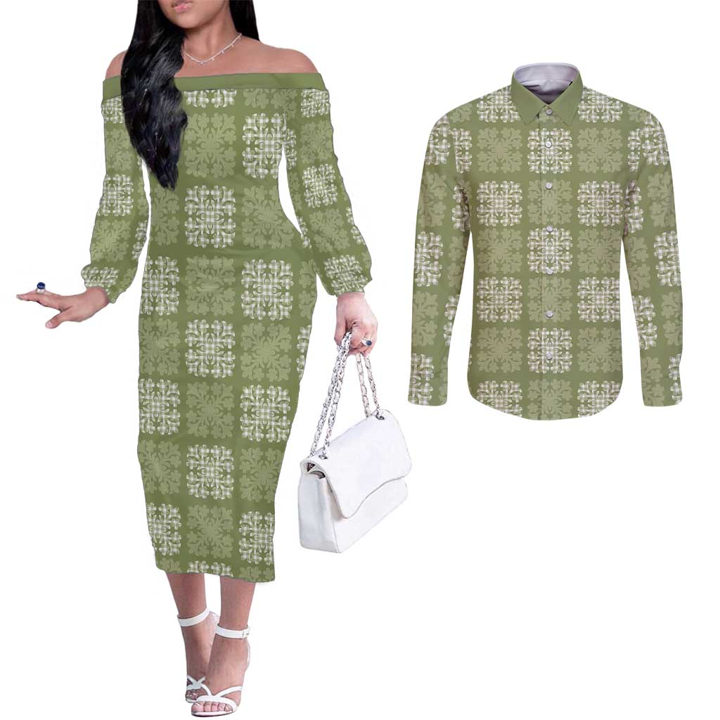 Vesuvian Green Palaka Quilt Hawaii Couples Matching Off The Shoulder Long Sleeve Dress and Long Sleeve Button Shirt Traditional Hawaii-plaid Pattern LT14 Vesuvian Green - Polynesian Pride