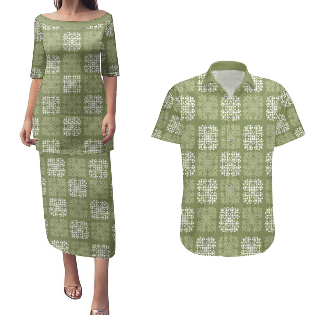 Vesuvian Green Palaka Quilt Hawaii Couples Matching Puletasi and Hawaiian Shirt Traditional Hawaii-plaid Pattern - Polynesian Pride