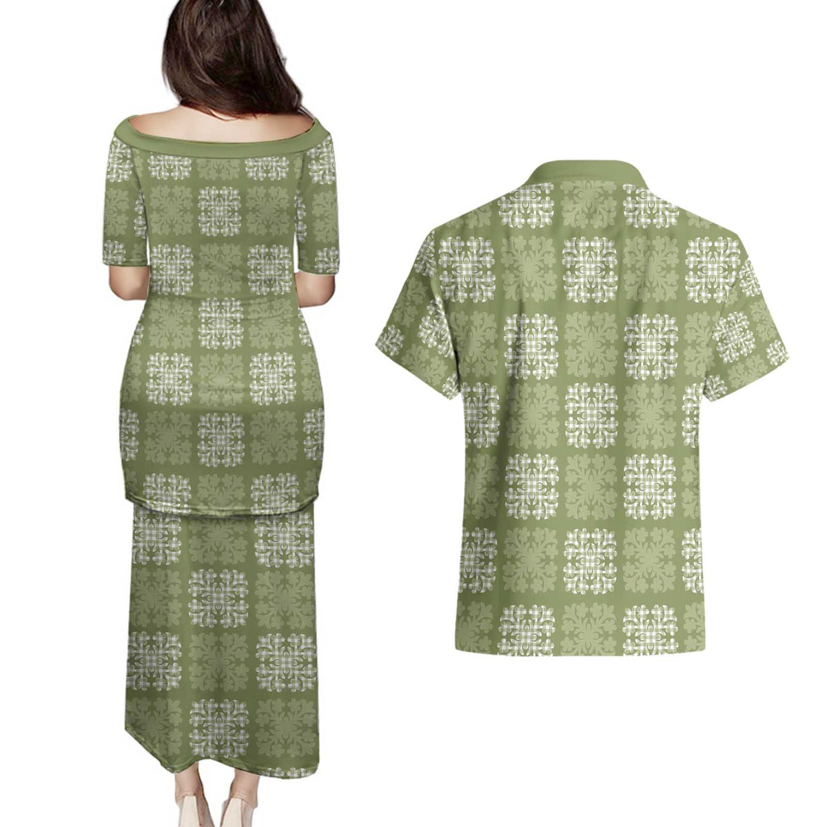 Vesuvian Green Palaka Quilt Hawaii Couples Matching Puletasi and Hawaiian Shirt Traditional Hawaii-plaid Pattern - Polynesian Pride