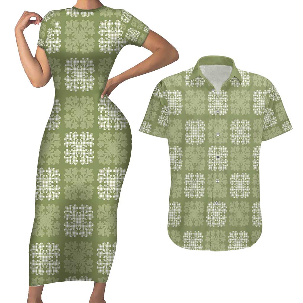 Vesuvian Green Palaka Quilt Hawaii Couples Matching Short Sleeve Bodycon Dress and Hawaiian Shirt Traditional Hawaii-plaid Pattern LT14 Vesuvian Green - Polynesian Pride