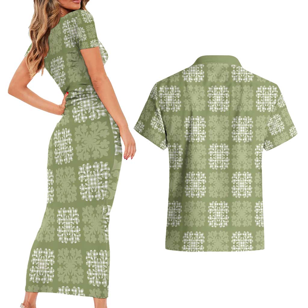 Vesuvian Green Palaka Quilt Hawaii Couples Matching Short Sleeve Bodycon Dress and Hawaiian Shirt Traditional Hawaii-plaid Pattern LT14 - Polynesian Pride