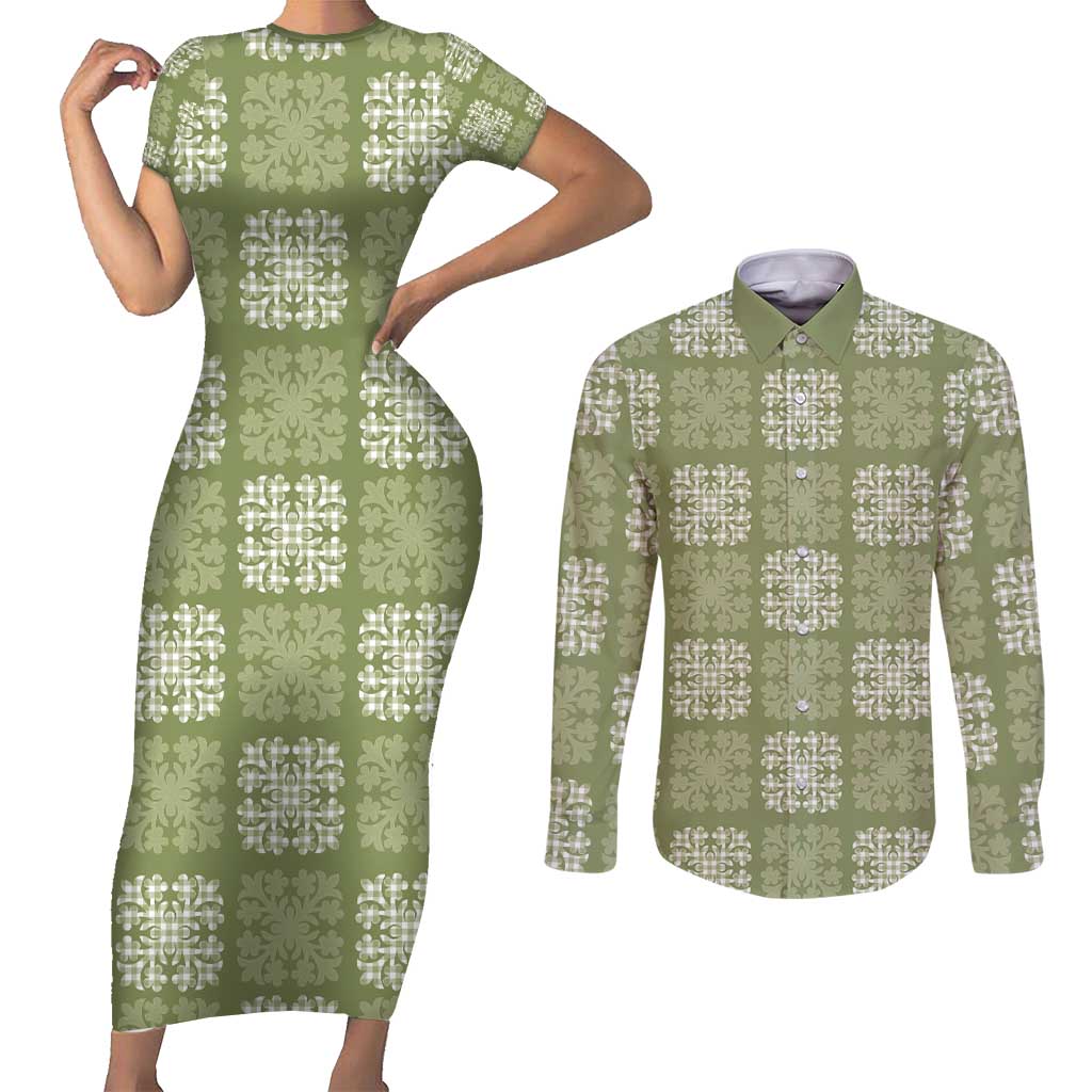 Vesuvian Green Palaka Quilt Hawaii Couples Matching Short Sleeve Bodycon Dress and Long Sleeve Button Shirt Traditional Hawaii-plaid Pattern LT14 Vesuvian Green - Polynesian Pride