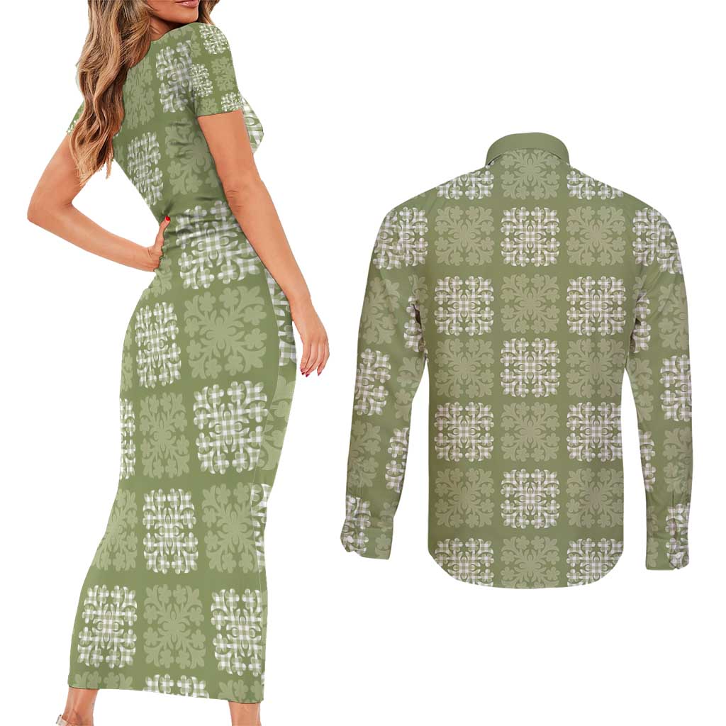 Vesuvian Green Palaka Quilt Hawaii Couples Matching Short Sleeve Bodycon Dress and Long Sleeve Button Shirt Traditional Hawaii-plaid Pattern LT14 - Polynesian Pride
