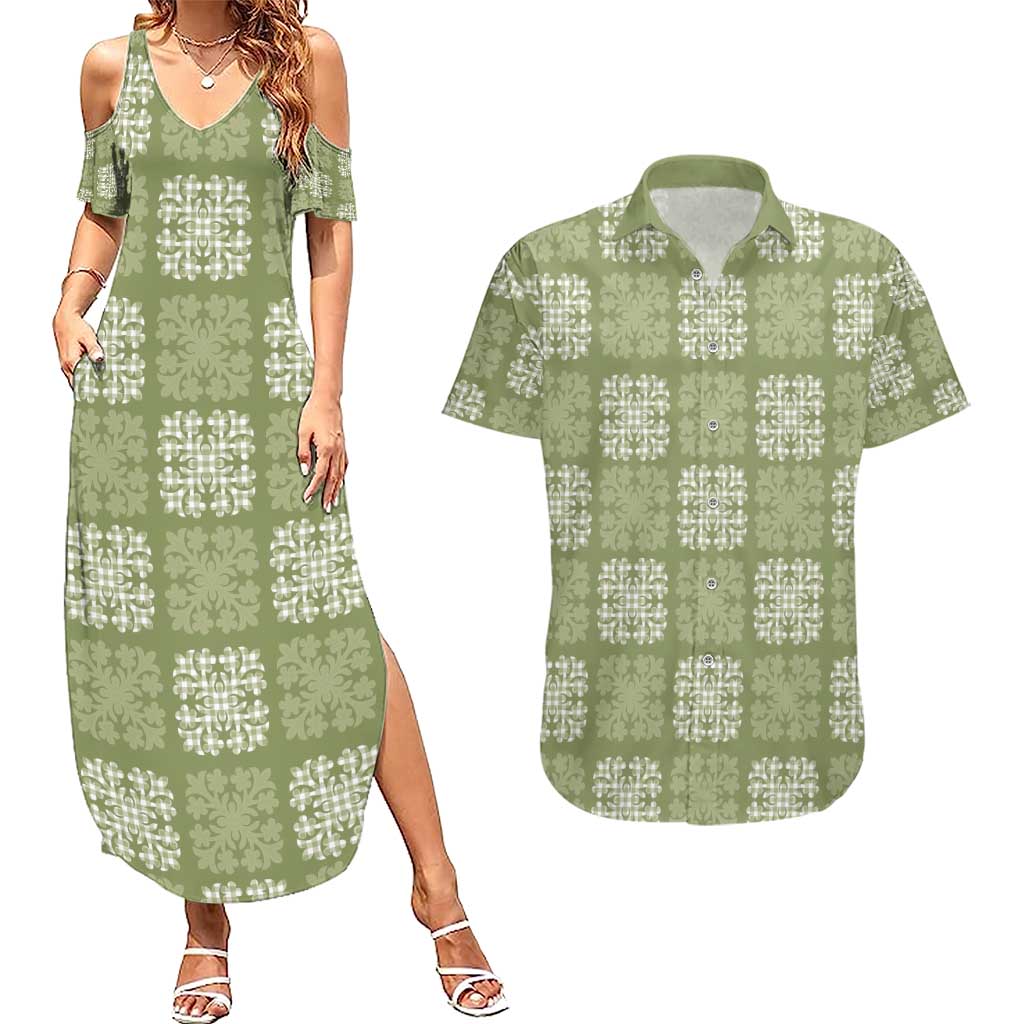 Vesuvian Green Palaka Quilt Hawaii Couples Matching Summer Maxi Dress and Hawaiian Shirt Traditional Hawaii-plaid Pattern LT14 Vesuvian Green - Polynesian Pride