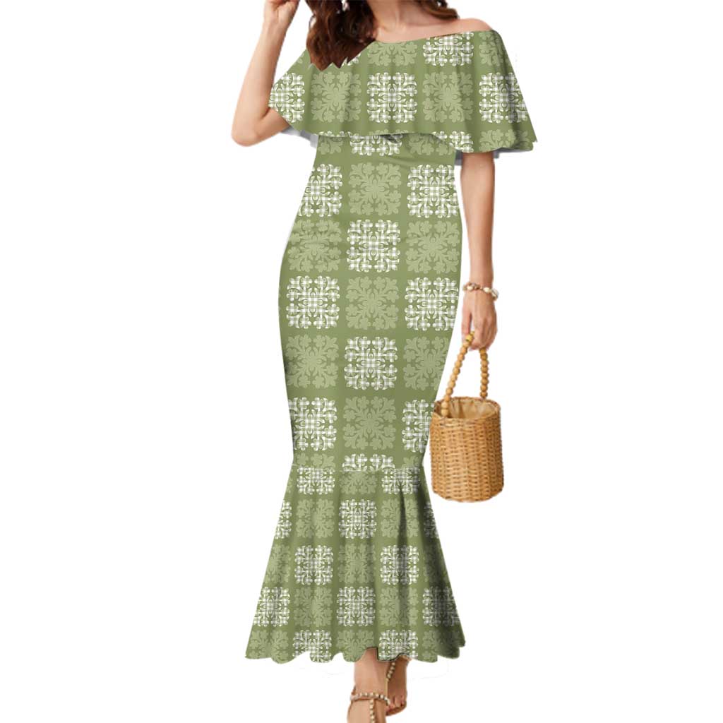 Vesuvian Green Palaka Quilt Hawaii Family Matching Mermaid Dress and Hawaiian Shirt Traditional Hawaii-plaid Pattern LT14 Mom's Dress Vesuvian Green - Polynesian Pride