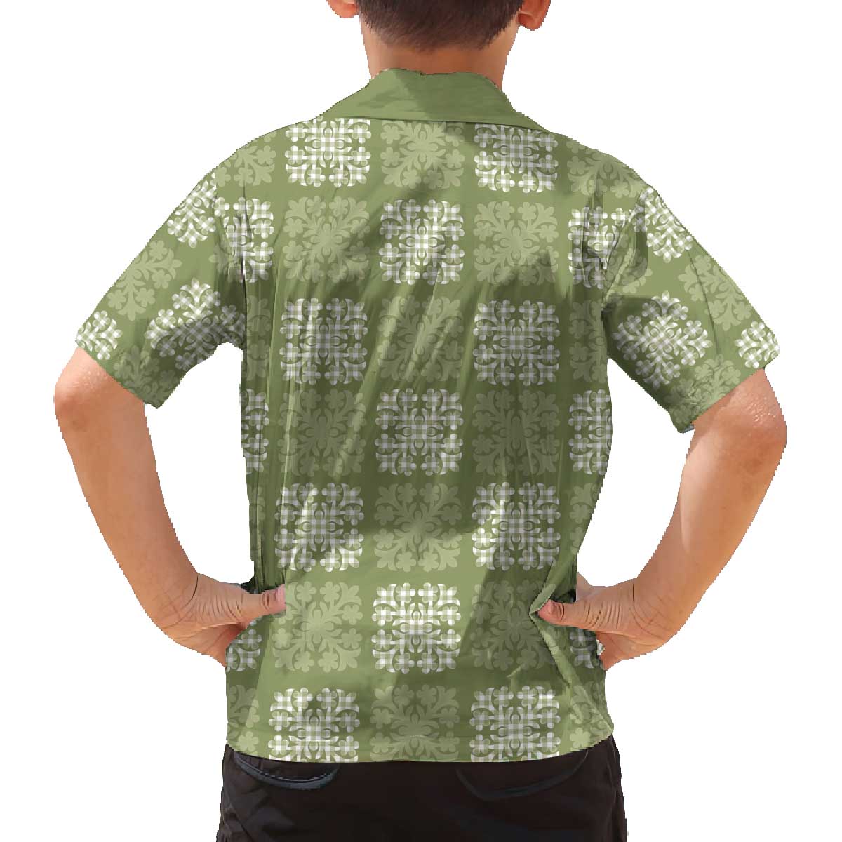 Vesuvian Green Palaka Quilt Hawaii Family Matching Off The Shoulder Long Sleeve Dress and Hawaiian Shirt Traditional Hawaii-plaid Pattern LT14 - Polynesian Pride